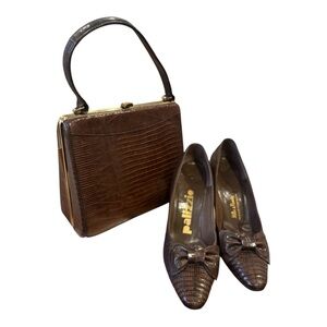 MCM 2PC PALIZZIO BROWN LIZARD SKIN W BOW 3" HEEL SHOES & LIZARD SKIN PURSE SZ 6N